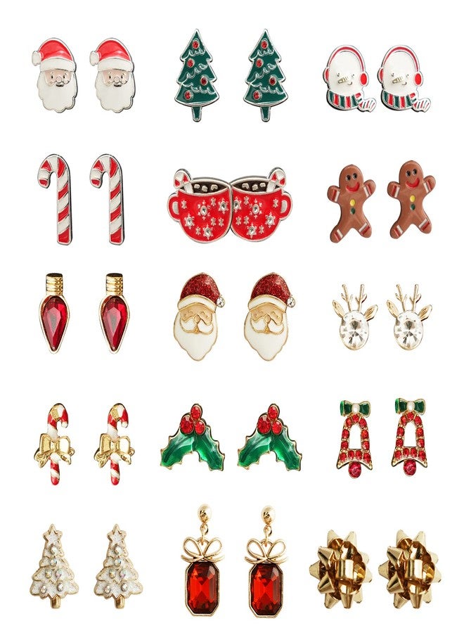 DOLLESS Christmas Stud Earrings for Women Chirstmas Tree Snowflake Bow Gift Box Santa Claus Gingerbread Earrings Set Xmas Holiday Gifts (C-15Pairs) - Image 1